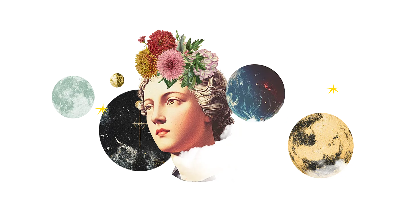 Collage: Frauenkopf mit Blumenkranz zwischen Monden, Planeten und Wolken